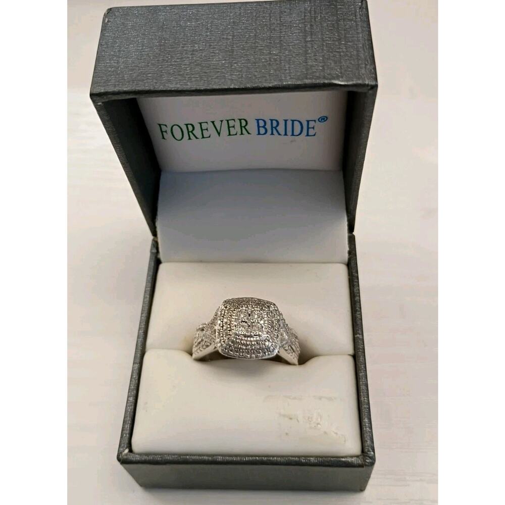 Forever Bride Sterling Silver Diamond Halo Engagement Ring Size 7